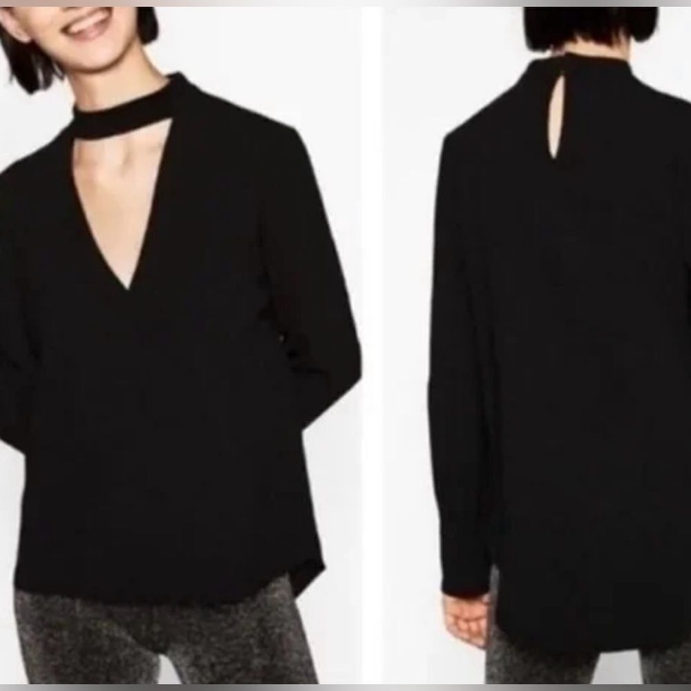 Zara Women Choker Cut-out Blouse Sz S-M Black Flowy High/Low‎ Hem Minimalist
